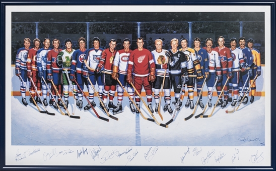 500 Goal Scorers Multi Signed Lithograph With 16 Signatures Including Howe, Richard & Beliveau in 24x39 Framed Display (Beckett)